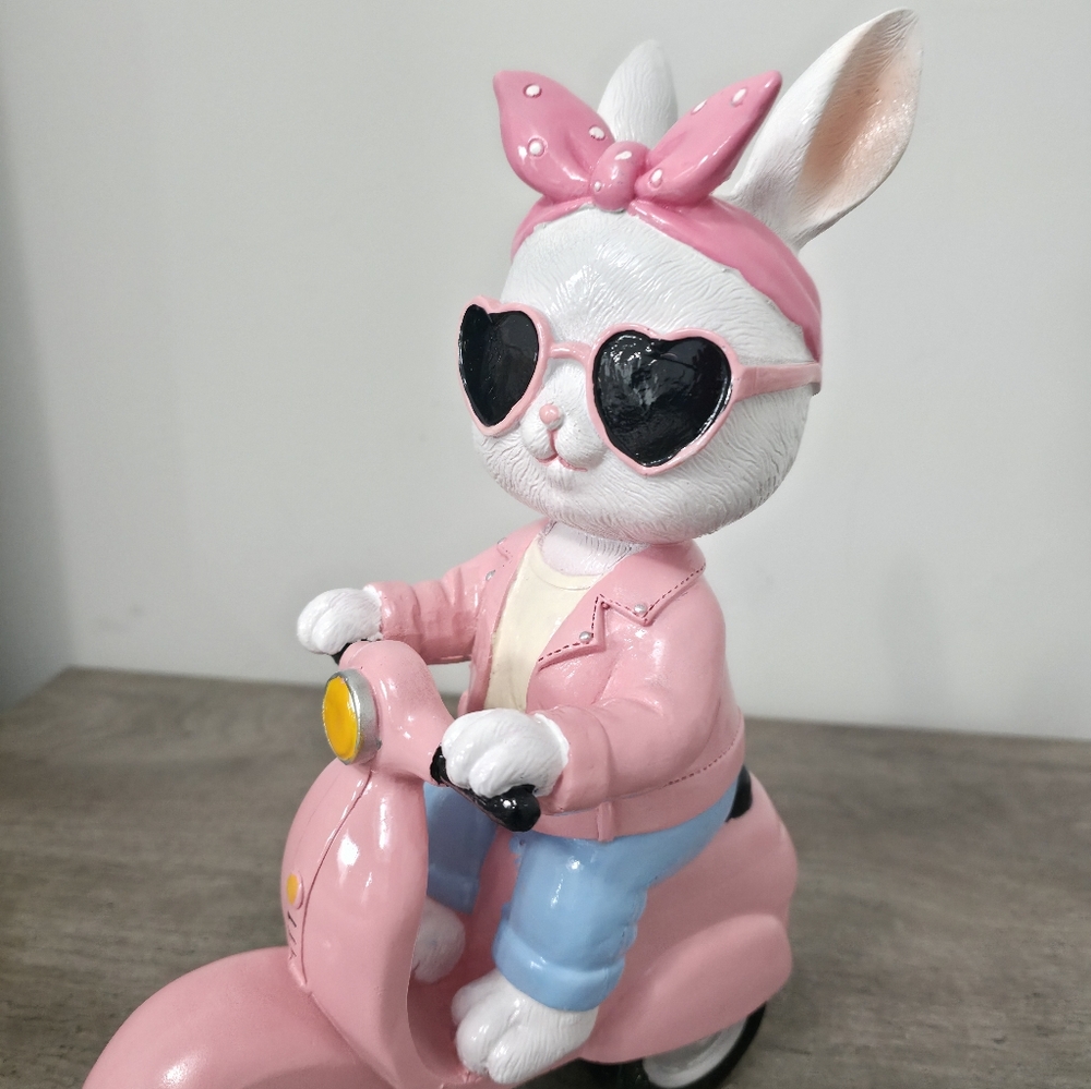 Easter Bunny Girl with Sunglasses and Pink Bow on Scooter Figurine Viral TikTok